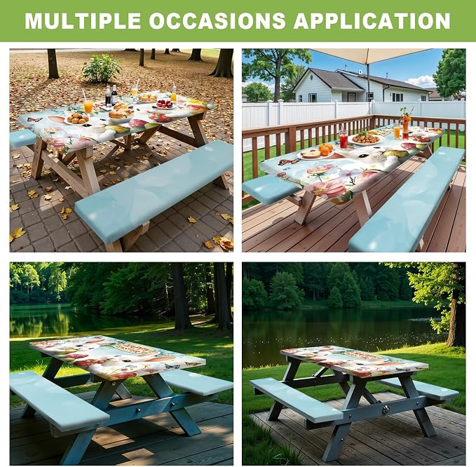ANNA QUEEN Easter Garden 6FT Picnic Table Cover with Bench Covers Set of 3 with Drawstring Bag, Bunny Eggs Flowers 72"x30" Waterproof Picnic Tablecloth & Bench Covers for Outdoor Dining
