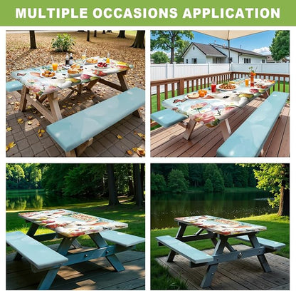 ANNA QUEEN Easter Garden 6FT Picnic Table Cover with Bench Covers Set of 3 with Drawstring Bag, Bunny Eggs Flowers 72"x30" Waterproof Picnic Tablecloth & Bench Covers for Outdoor Dining