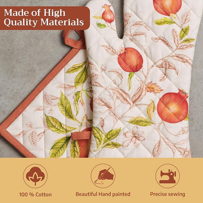 Maison d' Hermine 100% Cotton Oven Mitt & Pot Holder Set (7.5"x13" & 8"x8") | Heat Resistant BBQ Cooking Gloves with Loop Baking Grilling Kitchen Home Farmhouse Thanksgiving Christmas - Vintage Harvest