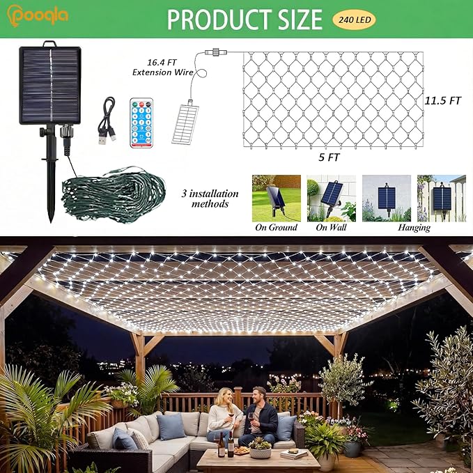 Pooqla Solar Net Lights, 11.5x5ft 240LED Christmas Net Lights Outdoor with 8 Modes, Solar & USB Powered Waterproof Green Wire Net Mesh String Lights for Bush Backyard Patio Decor, Cool White