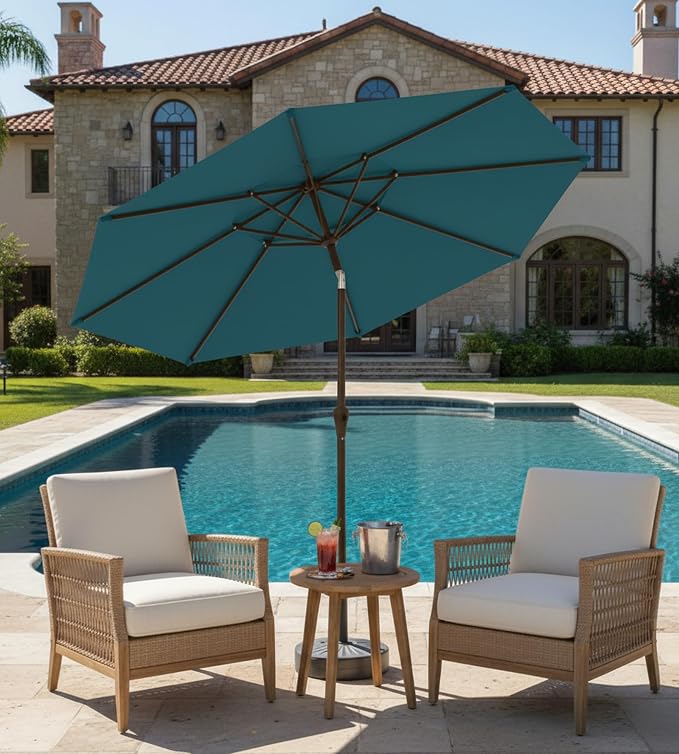 9FT Auto-Tilt Patio Umbrella|Outdoor Market Table Umbrella with 8 Fiberglass Ribs for Pool,Deck&Backyard