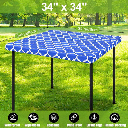 Smiry Picnic Fitted Table Cover, Square Flannel Backed Vinyl Tablecloth | Waterproof Elastic Stretch Table Cloth, Wipeable Plastic Tablecloth for Camping, Indoor & Outdoor (Blue, 34" x 34")