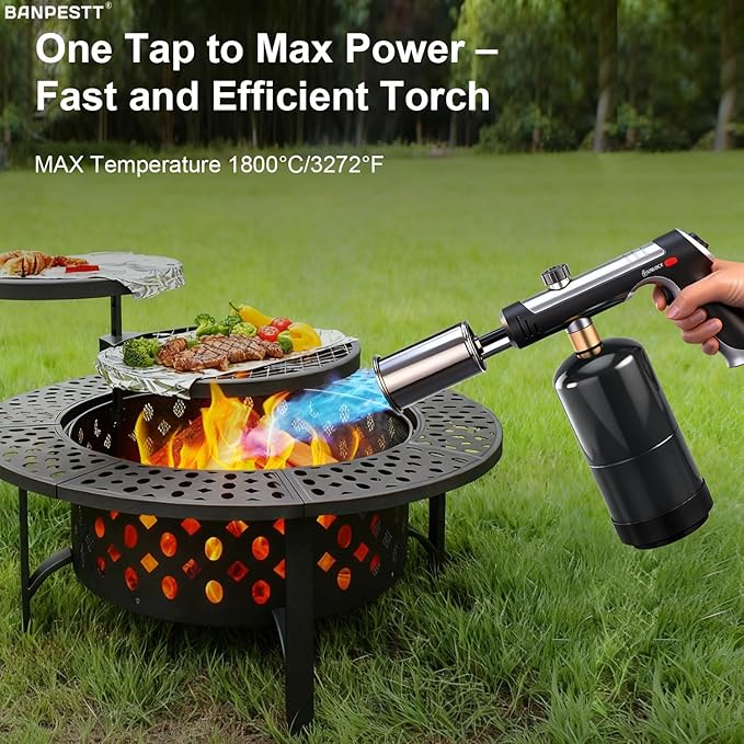 Powerful Propane Torch Gun with One-Tap Max Power & Safety Lock, Adjustable Flame Up to 3,272°F for BBQ, Searing, Camping, Weeding & DIY (Tank Not Included)