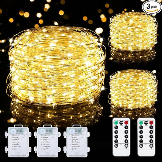 Mlambert 3 Pack 33FT Fairy Lights Battery Operated with Remote and Timer, Waterproof Dimmable 8 Modes 100 LEDs Twinkle Lights for Indoor Outdoor Decor