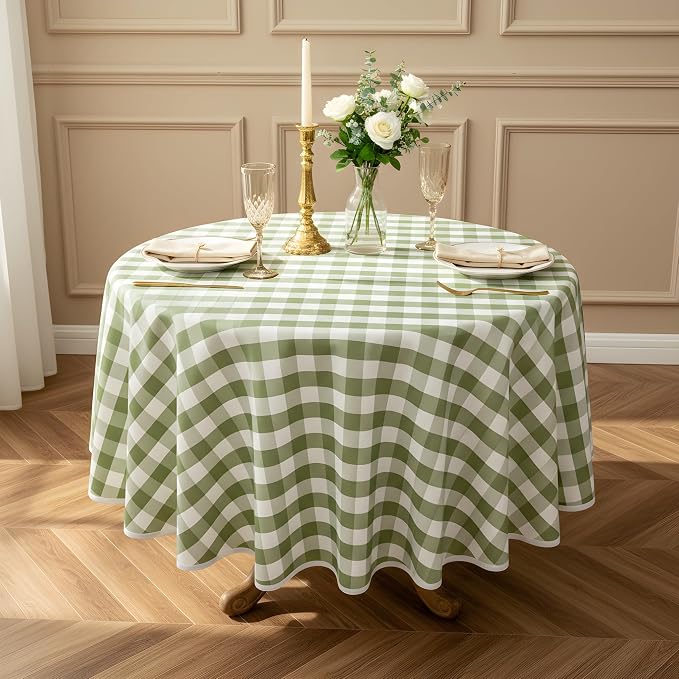 Green and White Gingham Tablecloth, Spring Plaid Waterproof Table Cover for Easter, Indoor Dining, Kitchen Table, Garden Picnic, Washable Rectangle Tablecloth for Home Use, 60" Round