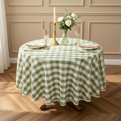 Green and White Gingham Tablecloth, Spring Plaid Waterproof Table Cover for Easter, Indoor Dining, Kitchen Table, Garden Picnic, Washable Rectangle Tablecloth for Home Use, 60" Round