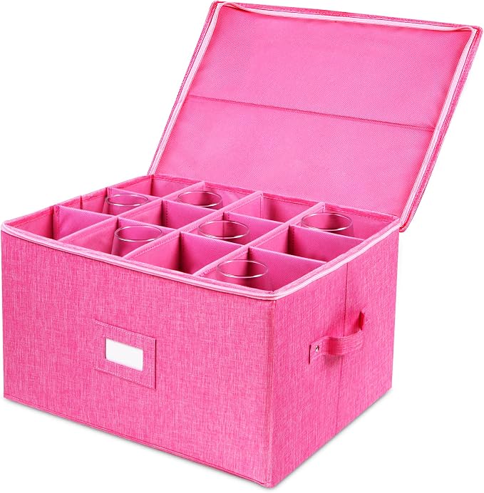 Wine Glass Storage Box, Stemware Storage Containers Cases with Dividers | Stackable Moving Supplies for 12 Wine Glasses, Drinkware , Glassware or Crystal, Hard Top and Stackable (Pink)