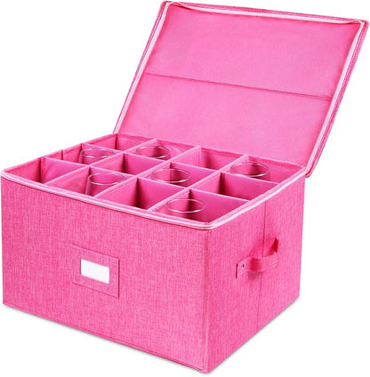 Wine Glass Storage Box, Stemware Storage Containers Cases with Dividers | Stackable Moving Supplies for 12 Wine Glasses, Drinkware , Glassware or Crystal, Hard Top and Stackable (Pink)
