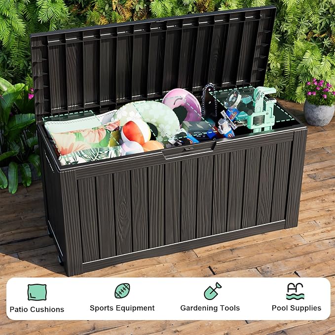 90 Gallon Large Outdoor Storage Box Waterproof, Lockable Deck Box with Wheels & Built-in Handle for Patio Furniture, UV Resistant, Outside Storage Box for Garden Tools, Patio Cushions, Black