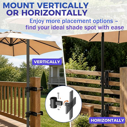 Patio Umbrella Clamp for Deck Rail, Patio Umbrella Holder for Deck Railing, Deck Umbrella Mount, Umbrella Attached to Deck Railing, Adjustable Vertical/Horizontal Mounting – 2 Independent Sleeves