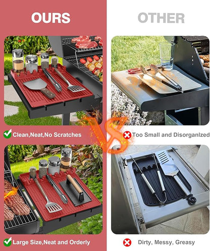 Silicone Grill Mat Compatible with Blackstone, BBQ Griddle Tools Mat with Drip Pad, Large Spatula Holder for Outdoor Kitchen Counter, Gifts for Men (red)