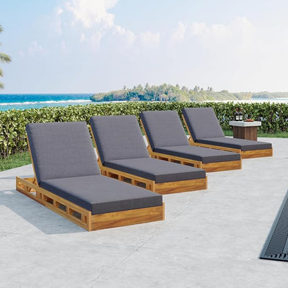 Merax Acacia Wood Chaise Lounge Chair Outdoor Set of 4, Patio Recliner with 4 Position Adjustable Backrest and 4" Thick Double-fold Cushion