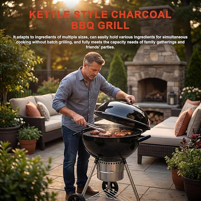 Elitzia 22 Inch Classic Kettle Charcoal Grill Portable Outdoor Round Enamel BBQ Grill with Removable Center Grate with Thermometer Chrome Plated Cooking Grid for Backyard Camp Patio Gathering ETBBQ03