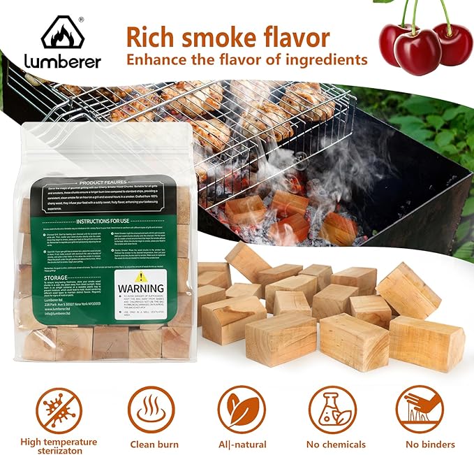 Lumberer Cherry Wood Smoking Chunks – 100% Natural Hardwood – Subtly Sweet Smoke for Poultry & Pork – Long Burn Time, Clean & Chemical-Free – 4LBS
