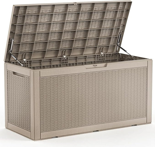 PatioZen 120 Gallon Resin Deck Box, Lockable Patio Outdoor Storage Box for Furniture, Garden Tools and Tools Storage, Waterproof Outside Storage Box (Grey)