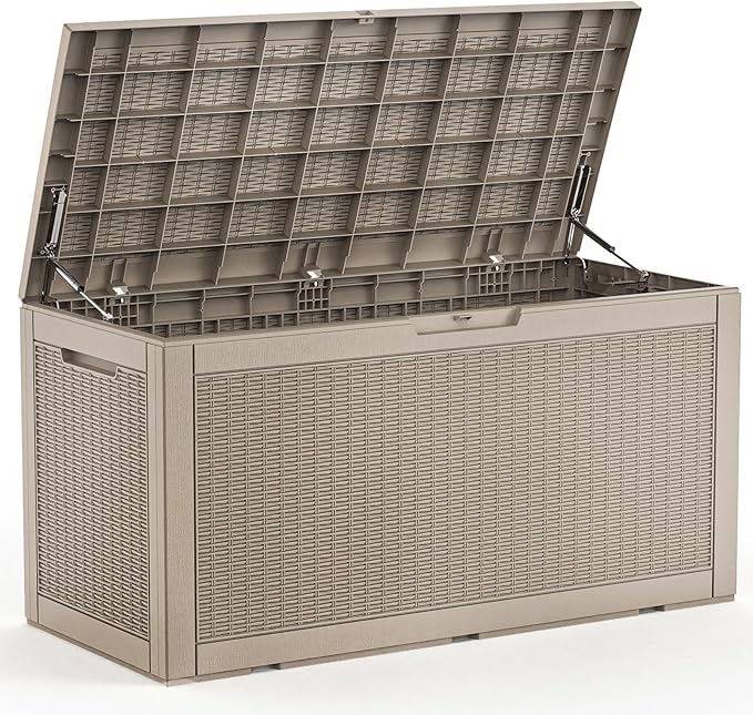 120 Gallon Large Outdoor Storage Box Waterproof, UV Resistant Resin Deck Box with Hydraulic Rod for Patio Furniture,Garden Tools,Cushions, Easy to Install（Grey）