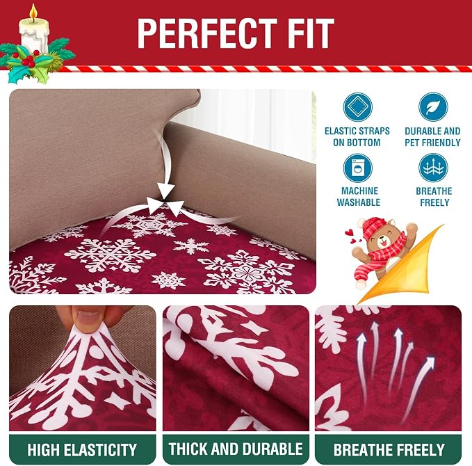 H.VERSAILTEX Christmas Sofa Slipcover Fleece Stretch Couch Cushion Cover Furniture Protector Seat Cushion Snowflakes Sofa Cover for Christmas (1 Piece Armchair Cushion Covers, Snowflakes)