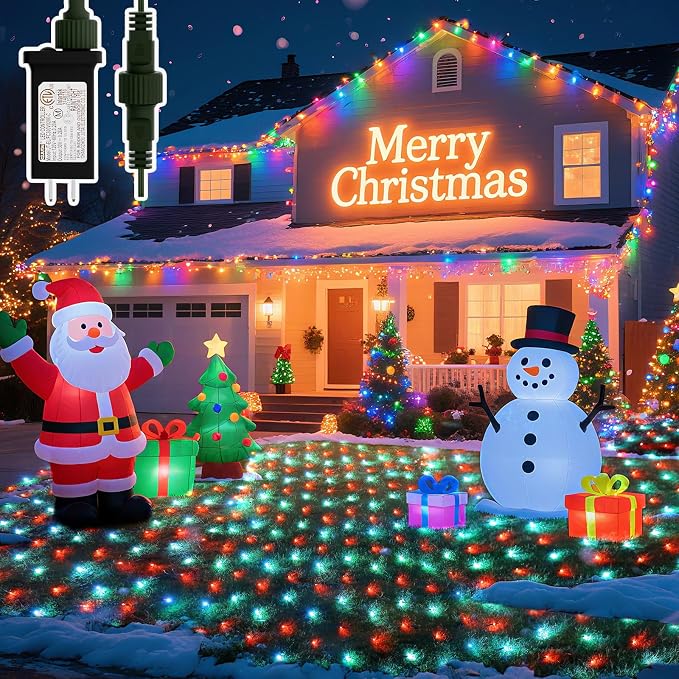 LitHome 14.8FT x 5FT Christmas Net Lights Outdoor Waterproof Connectable | 8 Modes 300 LED Red White Bush Lights, Net Mesh Light Dark Green Wire for Bushes Shrubs Outdoor Christmas Holiday Decor