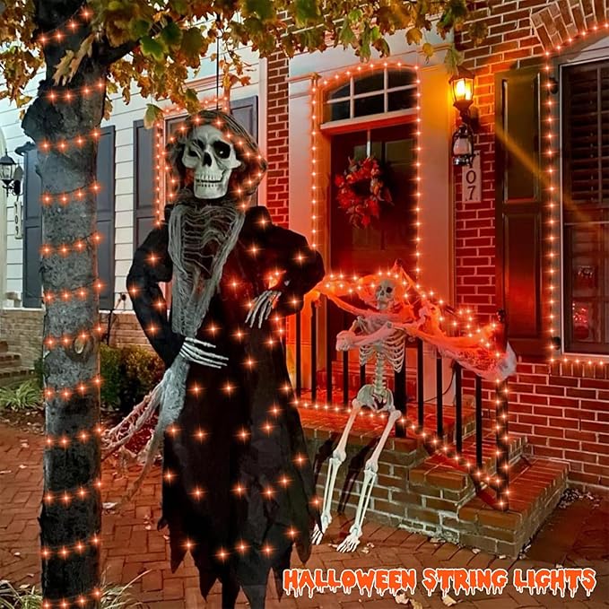 QITONG Orange Solar String Lights, 2 Pack Each 66ft 200 LED Solar Fairy Lights Outdoor Waterproof, Green Wire Twinkle Light with 8 Modes for Outside