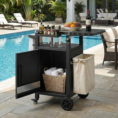 Outdoor Kitchen Island and Grill Cart with Stainless Steel Top, 33.9" Mobile BBQ Prep Table with Drop Leaf, Storage Cabinet, Spice & Paper Towel Rack, Rolling Pizza Oven Stand for Patio