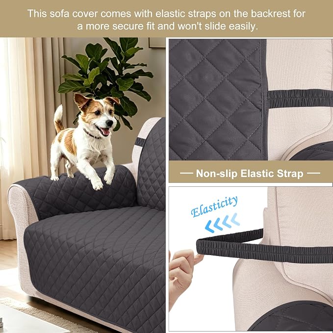 Reversible Couch Cover for 3 Cushion, Sofa, Dark Grey | Couch Cover for Sofa, Pet Friendly Water Repellent Couch Sofa Cover, Washable Furniture Protector with Elastic Straps
