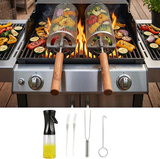 7-Piece BBQ Set, 2 Rolling Grill Baskets for Effortless Flipping,Grilling Tools or Fish,Shrimp,Meat,Vegetables,Fries Food,Outdoor Camping Grilling Accessories,Gifts for Men Dad Husband