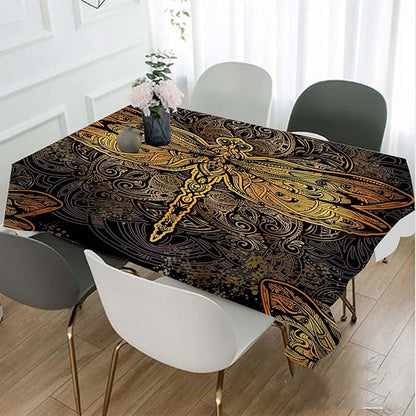 Golden Dragonfly Tablecloth 60x84 Inch Rectangular Vintage Boho Flower Textures Ornate Exquisite Wings Mystery Oblong Table Cloth Kitchen Table Decorations for Home Dinner Party