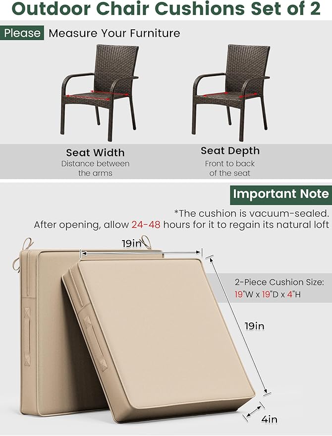Outdoor Chair Cushion 19 x 19 x 4 Inches Patio Furniture Outdoor Waterproof Seat Cushion, Patio Chair Cushion with Handles and Ties, Square Dining Chair Cushion Set of 6, Sand