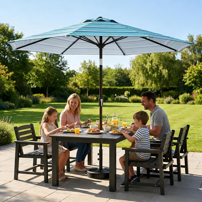 10FT Solar Lighted Patio Umbrella, Outdoor Table Market Umbrellas with Push Button Tilt and Crank, 32 LED Lights, 8 Sturdy Ribs, UV-Resistant for Deck, Garden, Pool
