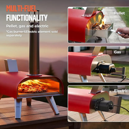 BIG HORN 12" Multi-Fuel Outdoor Pizza Oven Reach up to 1110℉– 3-in-1 Wood,Gas &Electric Compatible (Burners Sold Separately),Pellet Pizza Oven Portable Pizza Maker for Backyard, Camping&Tailgating,Red