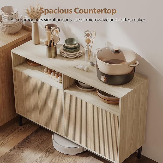 Mericonia Farmhouse Buffet Sideboard Cabinet with Storage, Fluted Coffee Bar with Doors and Adjustable Shelves, Modern Wood Console Cabinet for Kitchen, Livingroom (Fluted 4 Door, Oak)