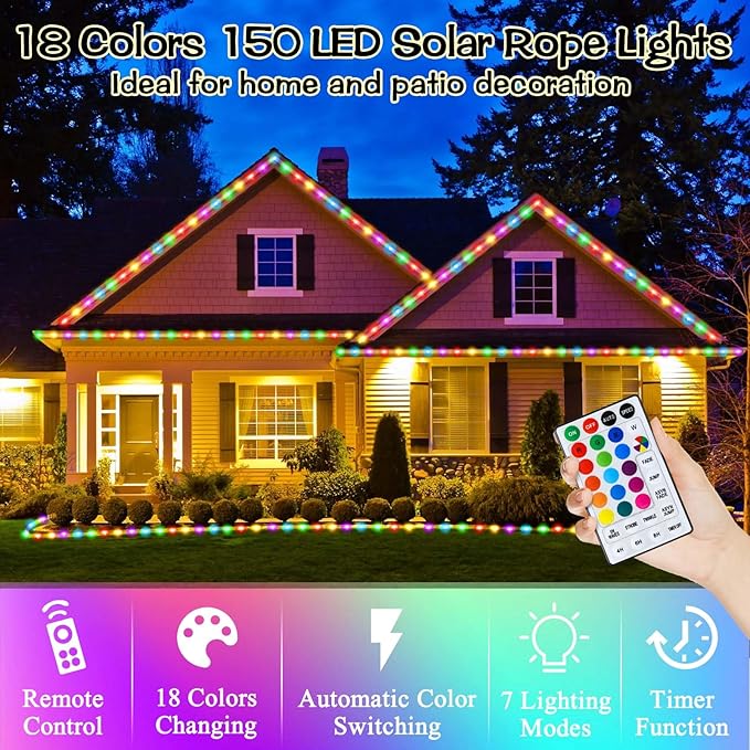 LitHome 50 FT Solar Rope Lights Outdoor Waterproof, 18 Colors Changing 150 LED Rope Lights for Outside with Remote, Solar Fairy String Tube Light for Pool Trampoline Tree Garden Yard Christmas Decor