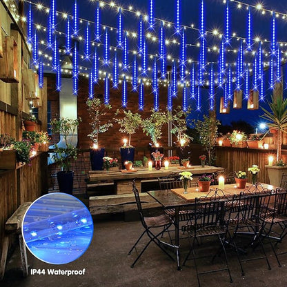 JMEXSUSS Solar Lights for Outdoor Decor, 8 Tube 144 LEDs Solar Meteor Shower Lights Outdoor, Hanging Blue Christmas Lights for Tree Yard Icicle Garden Patio Gazebo Eaves Front Porch Decor