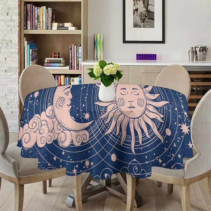 Moon Sun Round Tablecloth Vintage Boho Celestial Star Magical Galaxy Space Table Cloth Water Resistant Wipeable Table Cover for Farmhouse Picnic Party Holiday Kitchen Dinner Table 50"