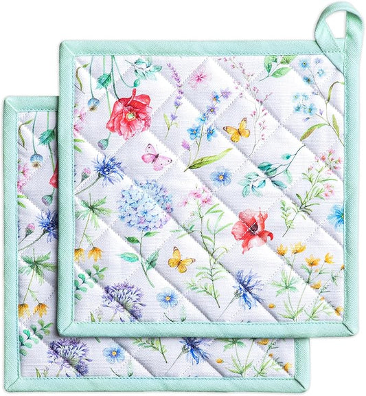 Maison d' Hermine Pot Holders 100% Cotton Heat Resistant Potholders 8" x 8" Hot Pads with Loop BBQ Cooking Baking Hotel Farmhouse Kitchen Handling Hot Pans Spring Summer (Pack of 2, Just Floral)
