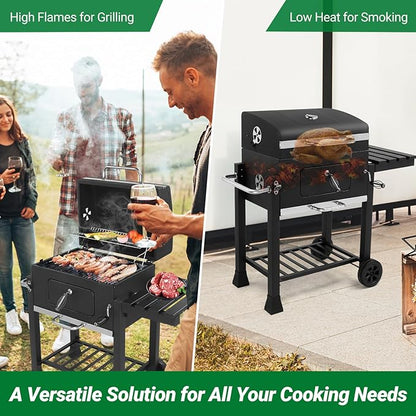 Charcoal Grill, BBQ Smoker with Handle and Side Table, Perfect for Outdoor Patio, Garden and Backyard Grilling, Black