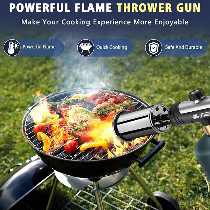 ARTFLAMM Powerful Propane Torch Gun, Flamethrower with Turbo Mode, Charcoal Torch Lighter with Safety Lock, Kitchen Blow Torch for Cooking, BBQ, Searing Steak, Grill(Tank Not Included)