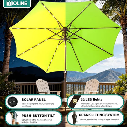 9FT Solar-Powered LED Patio Umbrella with Tilt Crank,Outdoor Market Umbrella with 32 Lights,Sunshade for Deck, Garden and Pool