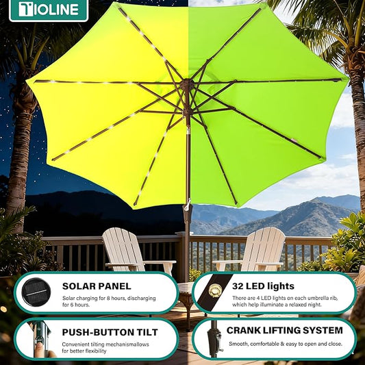 9FT Solar-Powered LED Patio Umbrella with Tilt Crank,Outdoor Market Umbrella with 32 Lights,Sunshade for Deck, Garden and Pool