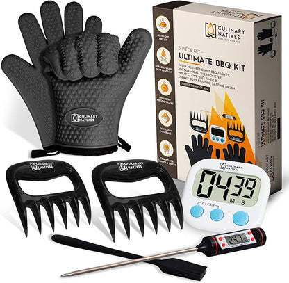 Ultimate 5-Piece BBQ Gift Kit | Smoker Gloves, Meat Claws, Instant-Read Thermometer, Timer & Brush | No.1 Heatproof Silicone Smoker Mitts & Pulled Pork Claws for Barbecue, Grilling, Smoking, Shredding