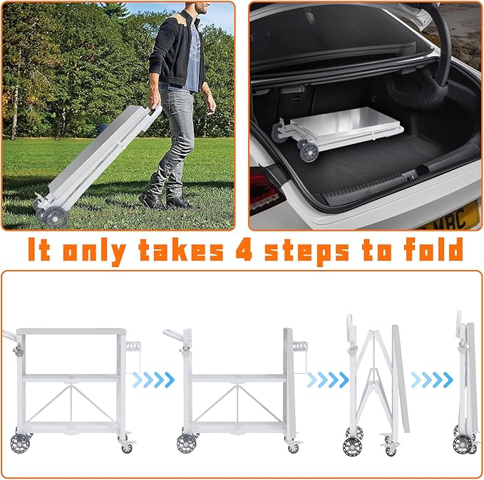 Folding Grill Table with Storage Rack, Stainless Steel Outdoor BBQ Cart, 3 Shelf Portable Grill Cart, Outdoor Kitchen Island and Pizza Oven Table for Blackstone Griddle