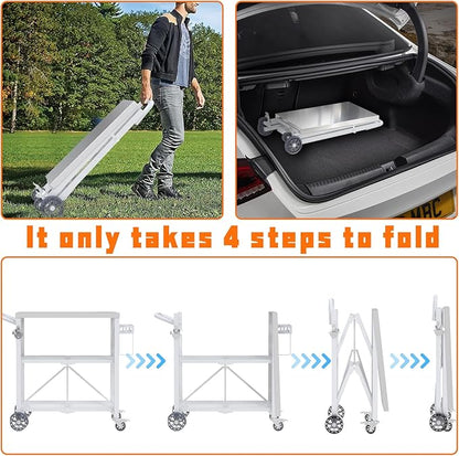 Folding Grill Table with Storage Rack, Stainless Steel Outdoor BBQ Cart, 3 Shelf Portable Grill Cart, Outdoor Kitchen Island and Pizza Oven Table for Blackstone Griddle