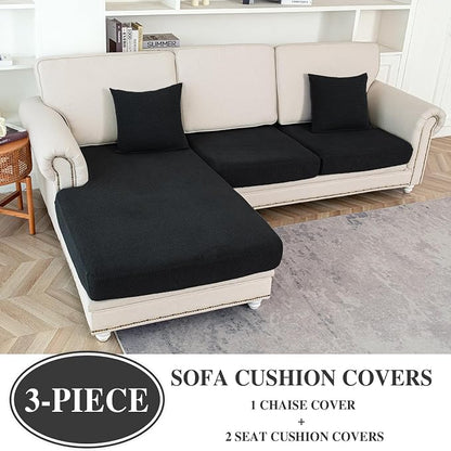 LA MEACK Couch Cushion Covers for Sectional Sofa L Shape Washable Separate Seat Chaise Couch Cover Stretch Sofa Slipcovers with 2 Pcs Pillowcases(2 Seater + 1 Chaise, Black)