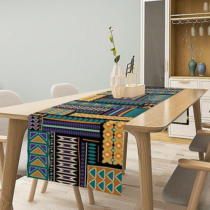 Mexican Geometric Ethnic Table Runner Vintage Abstract Traditional Vivid Color Seasonal Summer Holiday Dinner Runner for Farmhouse Kitchen Dinner Table Party Decoration 13x90in