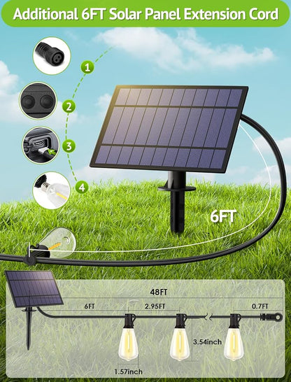 Larkvue 48FT Solar String Lights Outdoor with Remote, Waterproof Dimmable Patio Lights with 15+1 LED ST38 Bulbs 3 Modes Hanging Lighting for Backyard