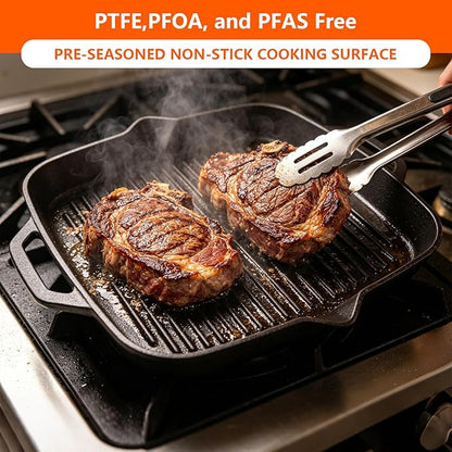 11" Cast Iron Square Grill Pan, Professional Pre-Seasoned Griddle with Handles, Heavy Duty Cooking Skillet, Induction Compatible, Suitable for Stovetop, Oven, BBQ & Fire, Indoor Outdoor Use