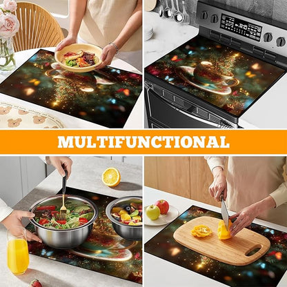 Christmas Multi-Design Stove Cover for Glass/Electric Stoves - 3-in-1 Heat-Resistant Protector Mat, Non-Slip Drying Rack 28"x20"