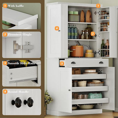 IRONCK 72" Kitchen Pantry Cabinet with Drawer and Sliding Racks, White | White wood pantry cabinet. 6 door shelves. 3 sliding racks. For kitchen, dining room, or hallway.
