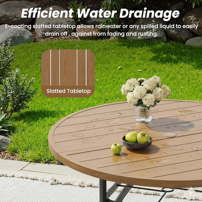Round Outdoor Dining Table 41" with 1.57" Umbrella Hole | with Umbrella Hole, Wood-like Table Top, Water-resistant, Easy to Clean, Patio table for Backyard, Poolside