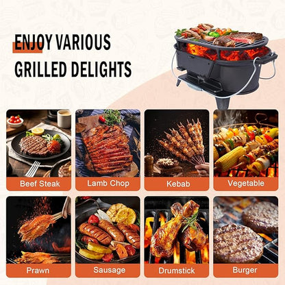 Portable Cast Iron Hibachi Grill - Pre-Seasoned Charcoal Grills, Double-Sided Grate & Adjustable Air Vents, BBQ for Camping, Backyard, Tailgating (Ellipse)